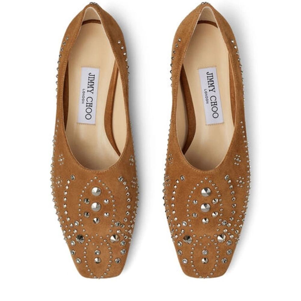 Jimmy Choo Joselyn tan brown suede leather flats silver crystal stud detail 37